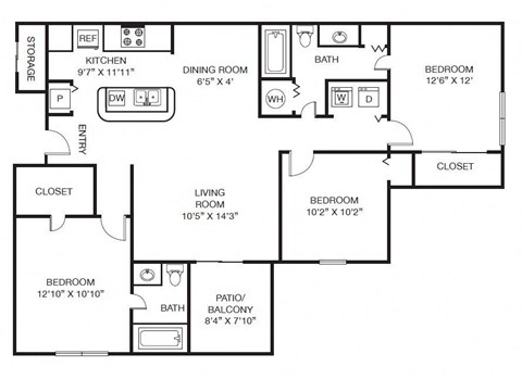 Floor plan for 3 beds, 2 baths, 1319 sqft